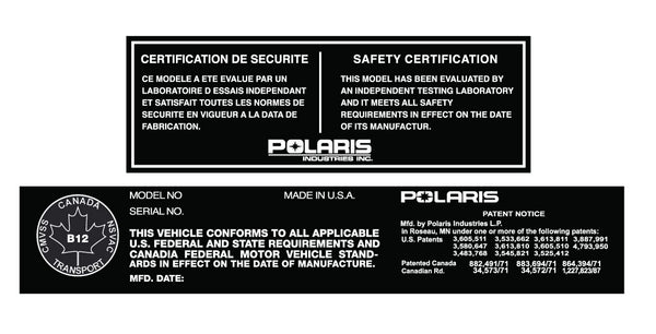 Polaris Indy Model/Serial Number & Certification Decal